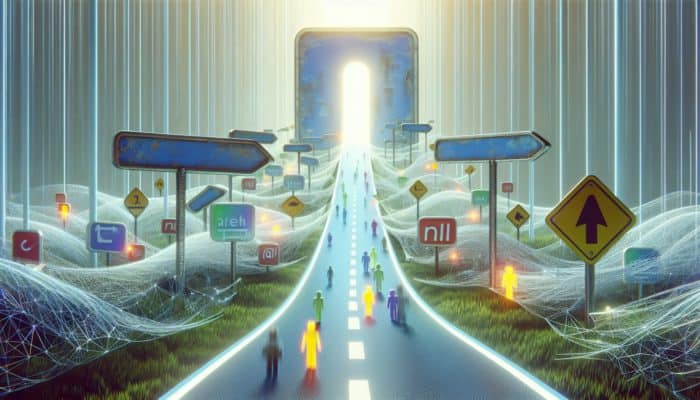 Utilize 301 Redirects to Maintain Link Equity: A visual representation of a transition from an outdated URL to a vibrant new URL, illustrating a seamless 301 redirect journey, with both search engine bots and users following the path.