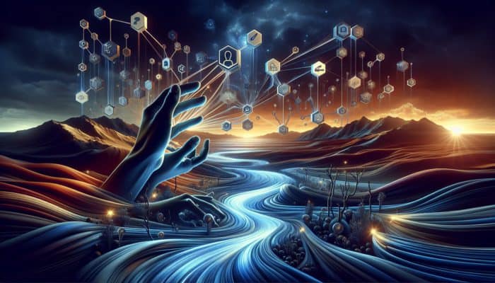 Hands reaching for luminous streams representing link equity within a digital landscape.