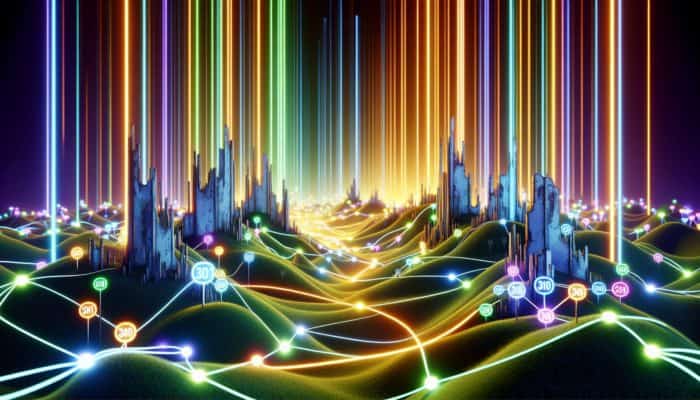 Glowing pathways connecting old, faded URLs to new, vibrant ones, symbolizing the preservation of link equity during website rebranding.