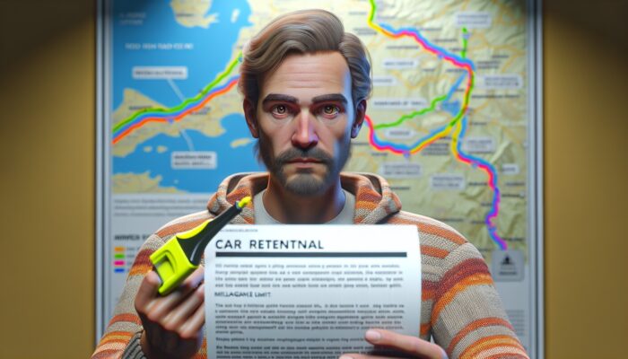 A traveler reviewing a car rental agreement, looking concerned about mileage limits, with a road trip map in the background.