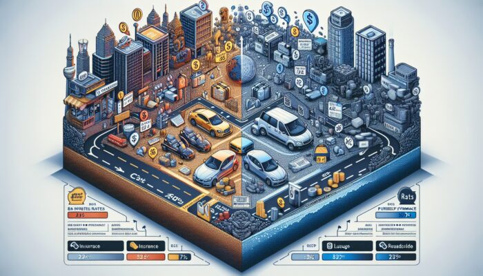 Infographic showcasing a comparison of base rental rates for a compact car in an urban area and a luxury vehicle in a remote area, including insurance and roadside assistance.