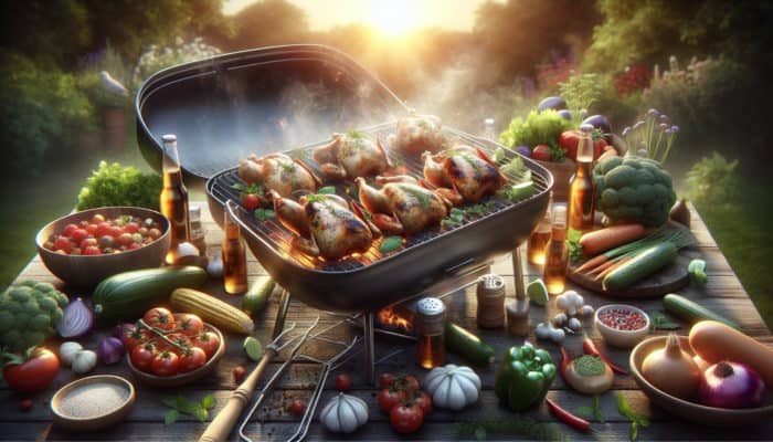 Organic and free-range chickens grilling with herbs and vegetables, illustrating ethical and flavorful eating.
