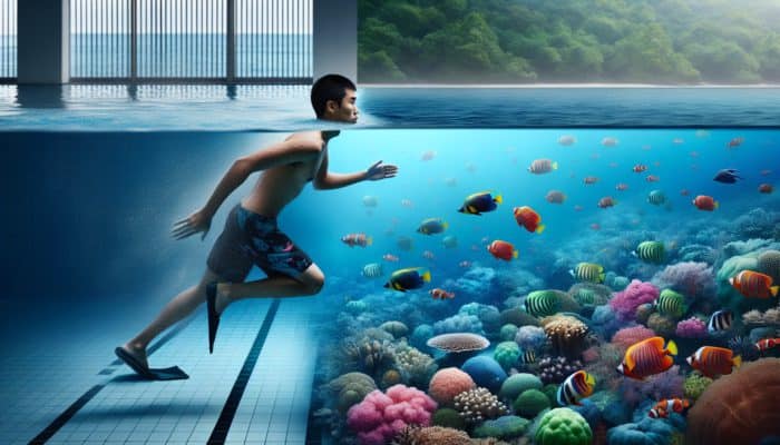 A person swimming in a pool, then snorkeling at the Great Barrier Reef, emphasizing safety through self-awareness.