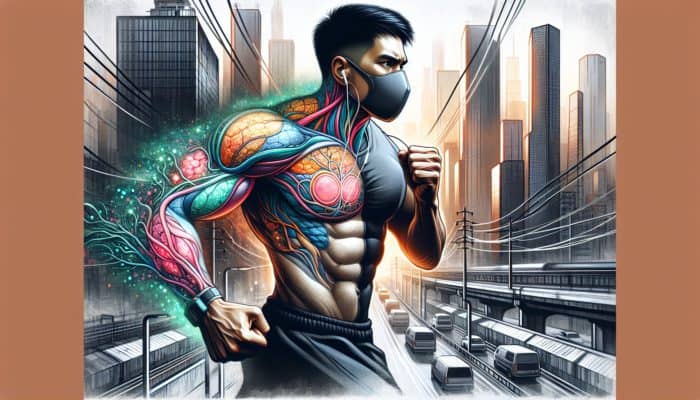 Urban fitness enthusiast jogging in a polluted city, protected by an antioxidant aura.