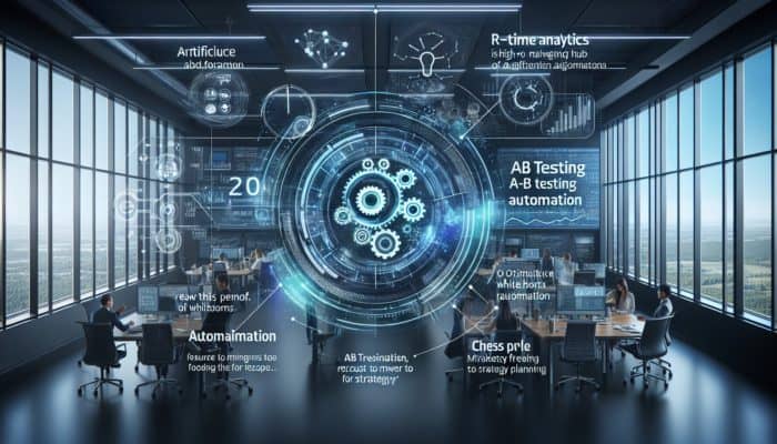 Modern office showcasing an AI-driven marketing hub with real-time analytics, optimizing advertisements and automating testing.