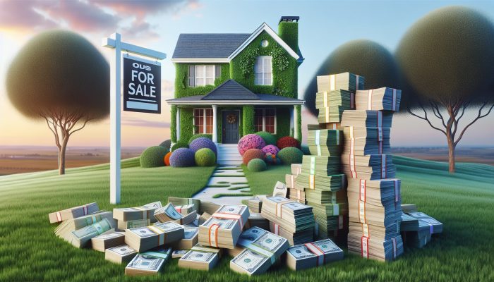 A serene home with a 'For Sale' sign and a stack of bills under a clear sky, symbolizing home equity and debt consolidation.