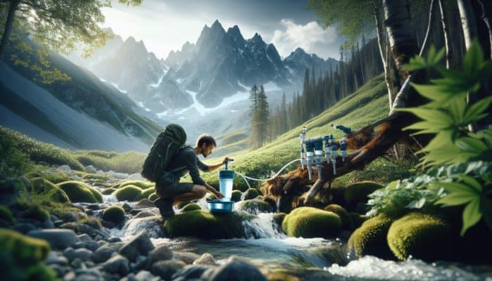 A hiker filters water from a mountain stream using a portable device amidst lush greenery and towering peaks.