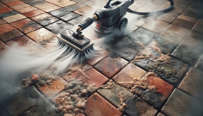 High-pressure steam cleaning revealing dirt from quarry tiles, showcasing their natural colors and textures.