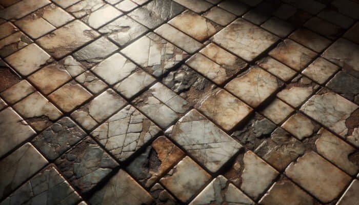 Deteriorated quarry tiles showing dullness, discoloration, cracks, and stains resulting from steam cleaning on an old kitchen floor.