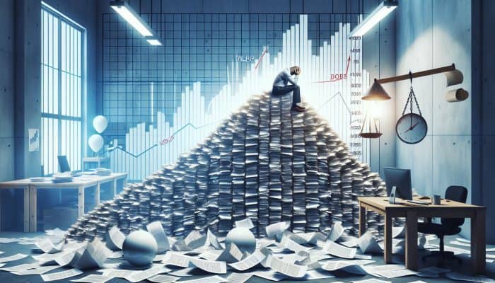Understanding the Significance of Debt-to-Income Ratios Amidst Rising Rates: A Guide | DCL Individual Surrounded by Financial Documents and Rising Debt, Representing Debt-to-Income (DTI) Ratio Challenges.