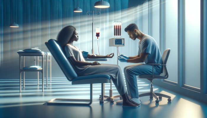 A person in a calm medical environment, with a phlebotomist preparing to draw blood, surrounded by soothing blue tones and soft lighting.