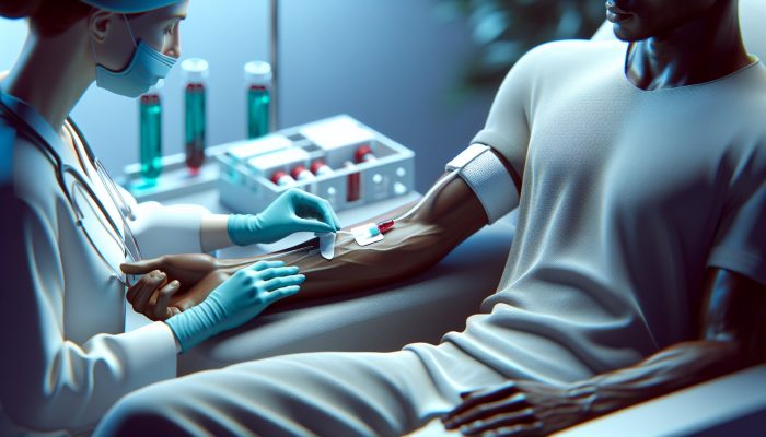 A healthcare professional drawing blood from a patient in a calm medical setting.