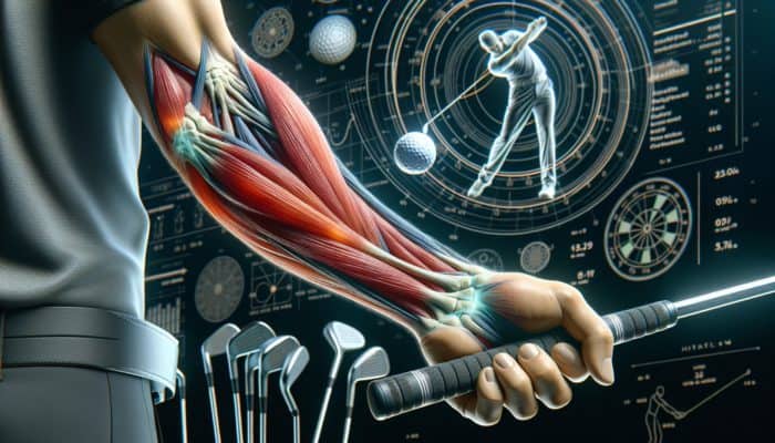Golfer's arm with strained inner elbow and highlighted tendons, surrounded by golf clubs and a swinging motion.