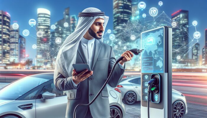 Individual utilizing a touchscreen to locate charging stations for an electric rental car in an urban environment.