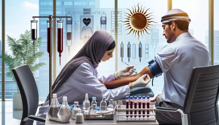 Vitamin D Blood Test in Romford: A healthcare provider drawing blood from a patient's arm in a modern clinic, with vials and a vitamin D level chart.