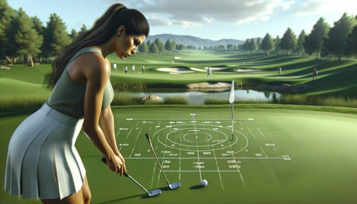 Golfer practicing putting on a serene course, visualizing ball's path, with focus drills marked on green.