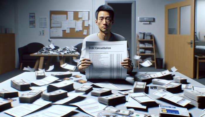 Debt Consolidation and Credit Report Errors: UK Guide | DCL Person in the UK consolidating various bills and credit cards into one loan document, looking relieved.