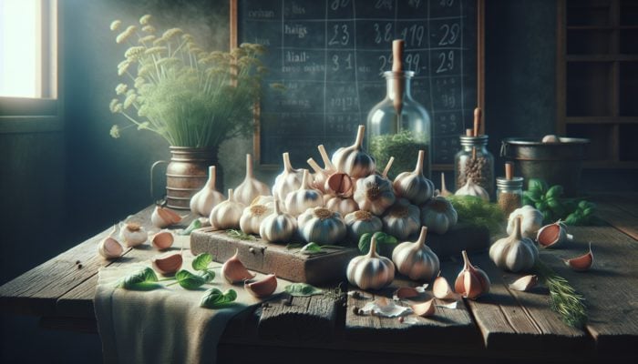 An assortment of garlic bulbs, peeled cloves, and herbs arranged on a rustic table, symbolizing UK herbal medicine.