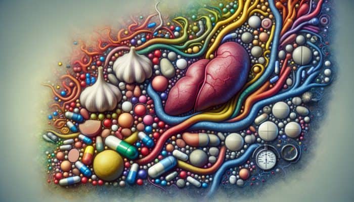 Garlic cloves shown interacting with medications like warfarin, depicted alongside capsules, tablets, liver enzymes, and blood pressure monitors.
