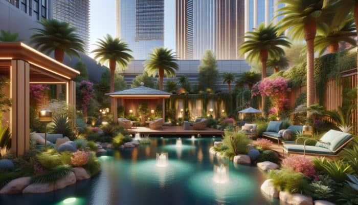 A tranquil oasis on the Las Vegas Strip with water features, greenery, and seating areas.