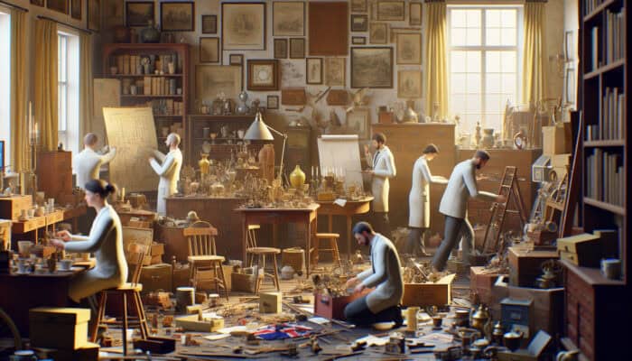 Expert antique clearance in a UK home, showcasing organized sorting of valuable items in a warm and nostalgic atmosphere.