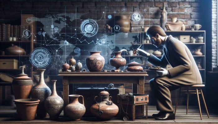 Expert evaluating rare antiques, assessing condition, provenance, and materials, with market trends and historical significance in the background.