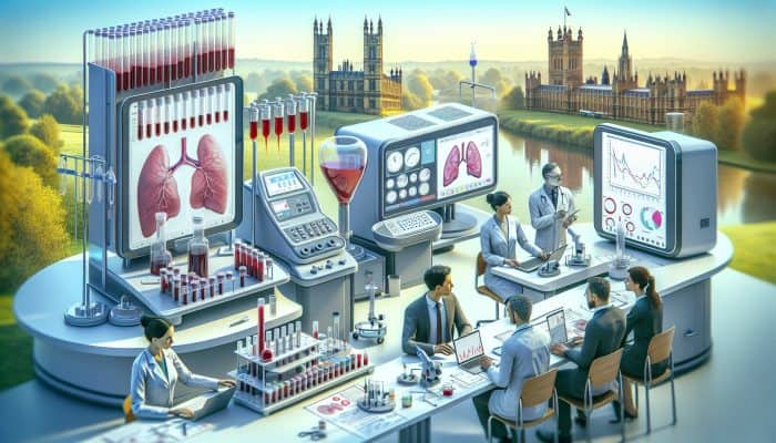 Advanced liver blood testing equipment and medical professionals analyzing results in a laboratory in Walton-on-Thames.
