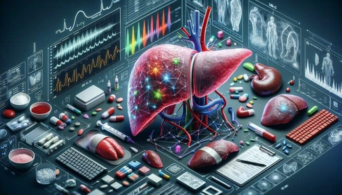 A medical chart displaying liver test results, enzyme level graphs, and images of healthy and diseased livers.