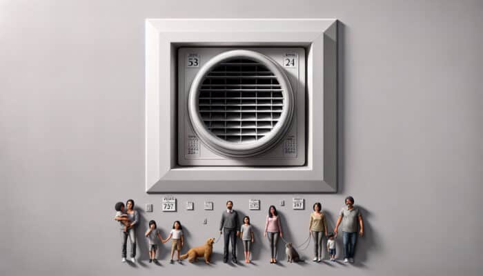 A pristine air vent in a modern Abbotsford home, alongside a calendar indicating annual cleaning and a family with pets.