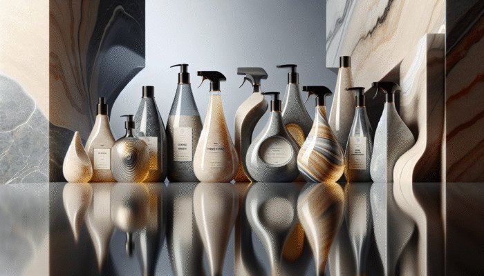 A variety of premium pH-neutral stone floor cleaners from leading UK brands displayed on a marble countertop.