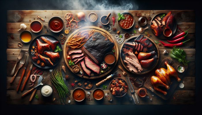 BBQ feast with Texas brisket, Carolina pulled pork, and chicken, showcasing regional American flavors.