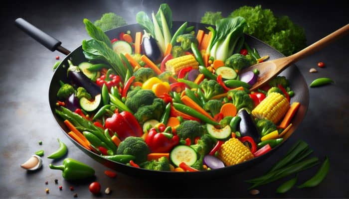 Delicious stir-fry featuring an array of colorful vegetables sizzling in a wok.
