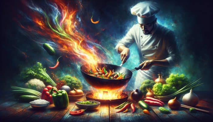 Chef utilizing a carbon steel wok to stir-fry vegetables and meat, flames visible, achieving an authentic smoky flavor.