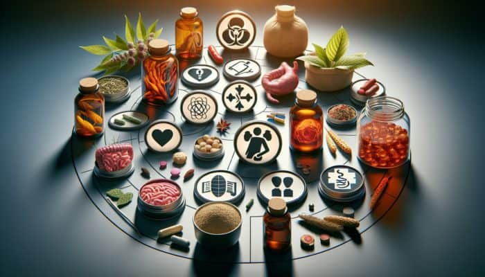 Herbal remedies with caution symbols indicating potential side effects such as rashes and gastrointestinal issues, and warnings about drug interactions.