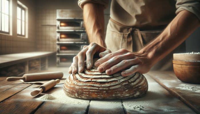 Mastering Bread Scoring Techniques: A baker's hands creating scoring patterns on a rustic sourdough loaf to control expansion and achieve a golden crust.