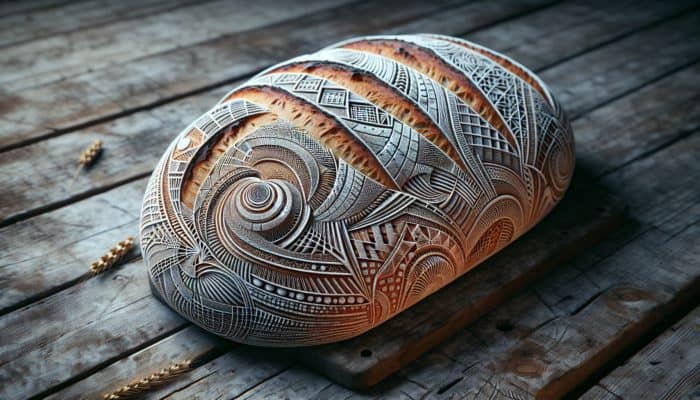 Detailed scoring patterns on artisan bread, enhancing crust texture, displayed on a rustic wooden table.