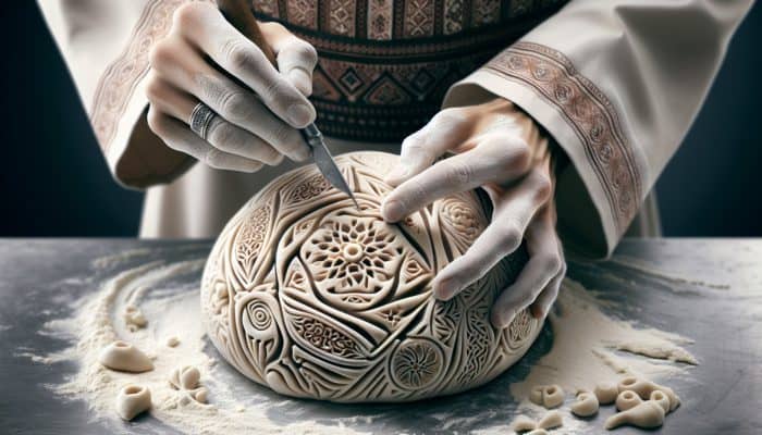 Artisan baker's hands creating intricate floral and geometric scoring patterns in dough.