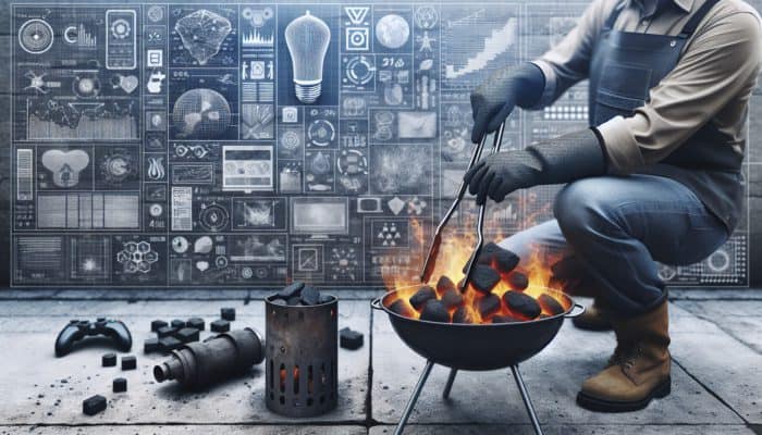Person using a chimney starter on concrete, wearing gloves, pouring coals into grill with tongs outdoors.