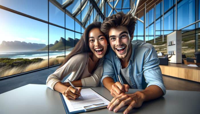 Young couple signing mortgage documents at a modern bank in Knysna, with a coastal view.