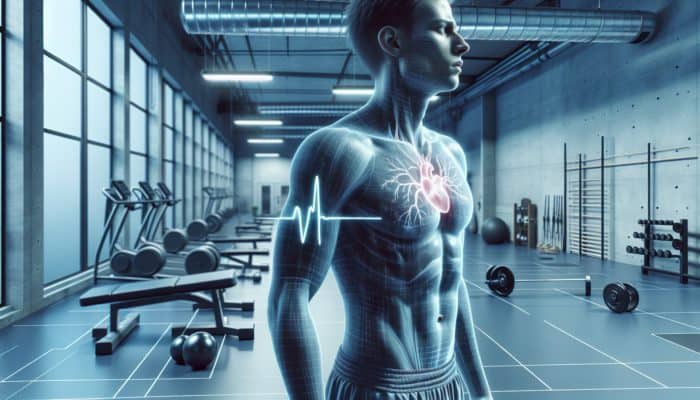 Person in gym experiencing jitters, anxiety, and insomnia from morning pre-workout supplement.