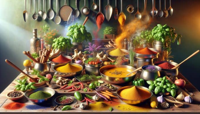 A colorful kitchen scene featuring spices and herbs enhancing various dishes, showcasing culinary techniques.