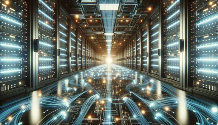 A cutting-edge server room with glowing caches enhancing data speed through illuminated streams.