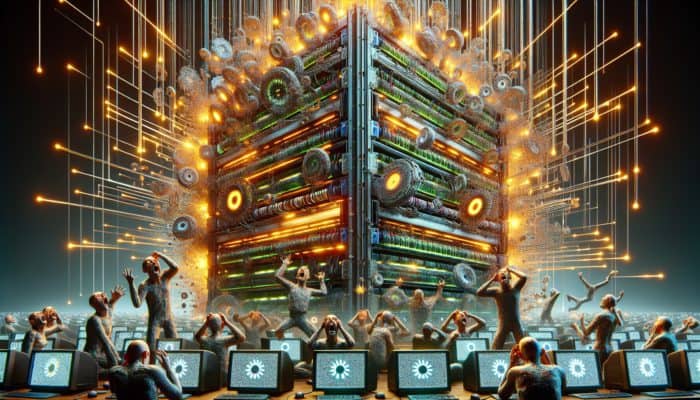 A server overwhelmed with outdated data, reflecting frustrated users encountering old information, highlighting the need for updated caching.
