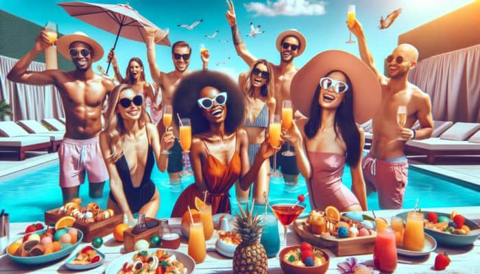 A vibrant Las Vegas pool party at 2 PM, featuring a DJ, themed brunch, and happy hour promotions.
