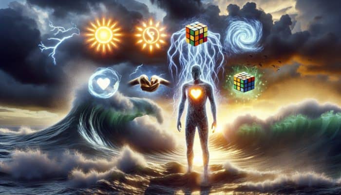 Emotional Preparation for Disasters: A person standing resiliently in a storm, surrounded by glowing symbols of emotional resilience components.