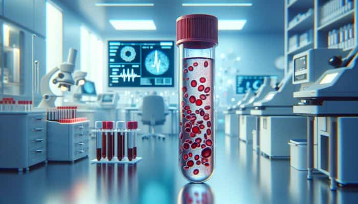 Ferritin Blood Test in Eastbourne: Illustration of a ferritin blood test in a lab, showing blood sample and ferritin proteins.