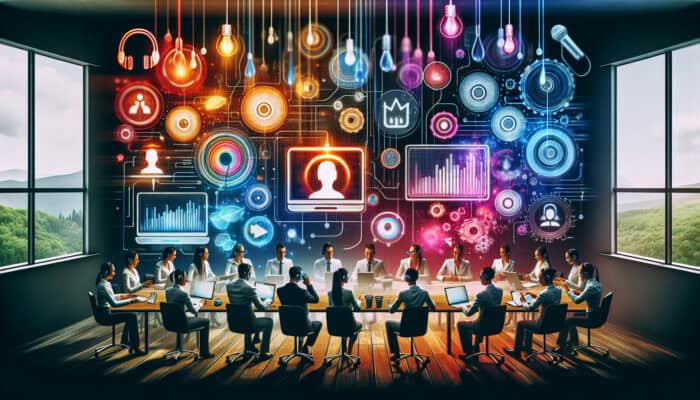 Professionals planning a webinar, engaging diverse audience, with charts and analytics displayed.