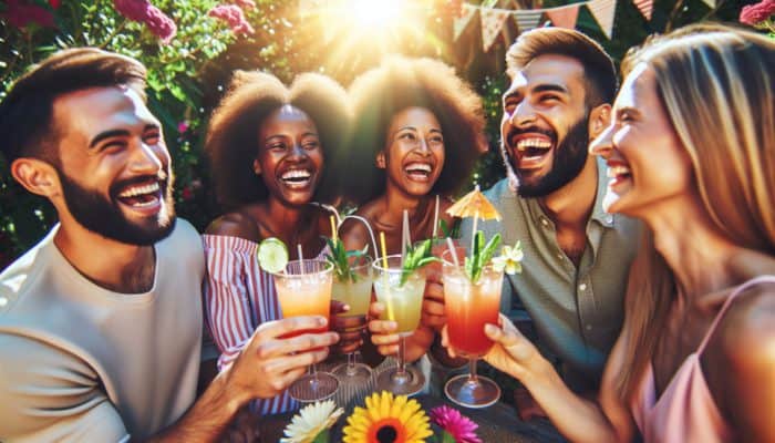 Enjoying Light Cocktails at Brunch: Friends gathered with cocktails in a vibrant, sunny setting.