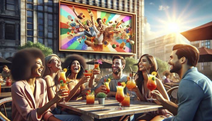 Gathered Friends Enjoying Colorful Cocktails While Watching A Lively Daytime TV Show.