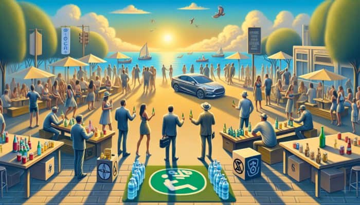 Guests at a Daytime Event Enjoying Drinks Responsibly, Staying Hydrated, and Using Rideshare for Safe Transport.